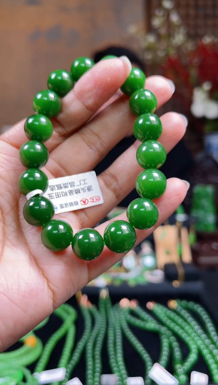 【闪购商品】和田玉（碧玉）手串未镶嵌12mm典藏级辣阳绿单圈