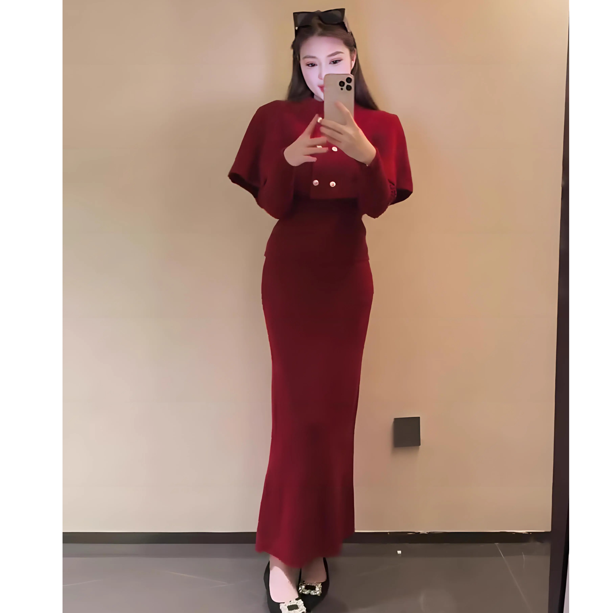 秋冬独特设计感高端名媛女神范针织连衣裙气质披肩斗篷裙三件套女