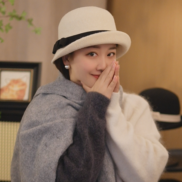 高品质羊毛礼帽子女气质复古百搭保暖户外翘沿套头气质冬季渔夫帽