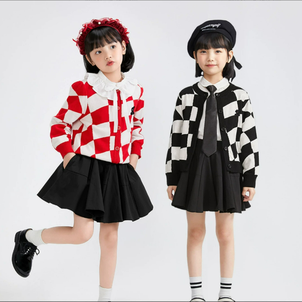 【门店同款】迪迪鹿女大童春秋季针织开衫格纹两色俏皮休闲毛衣外套