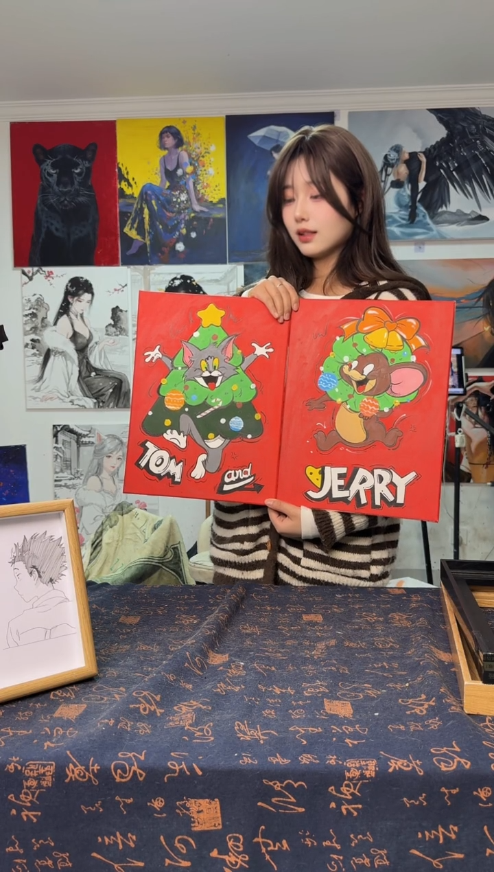 丙烯画?****?圣诞猫和老鼠丙烯画y