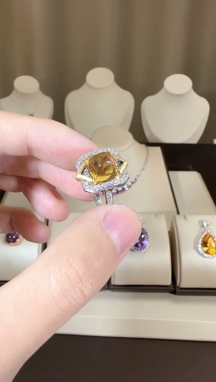 【闪购商品】黄晶戒指银S925镶嵌8mm糖塔