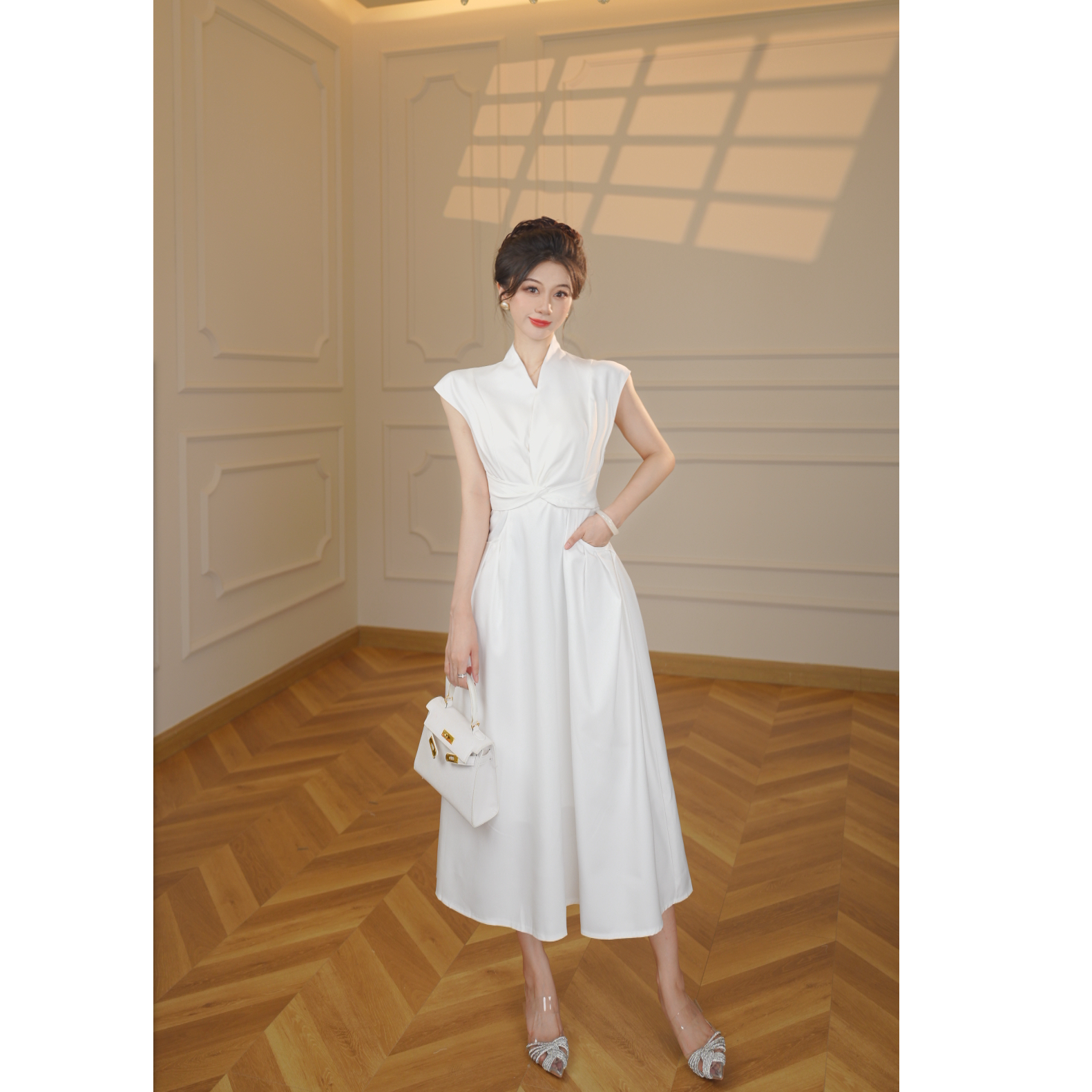 【张小小专属】【有里布】大方独特漂亮法式气质轻奢白色连衣裙D2954