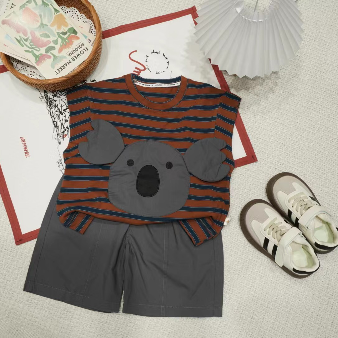 儿童夏季卡通立体条纹考拉针织短袖套装XQ672