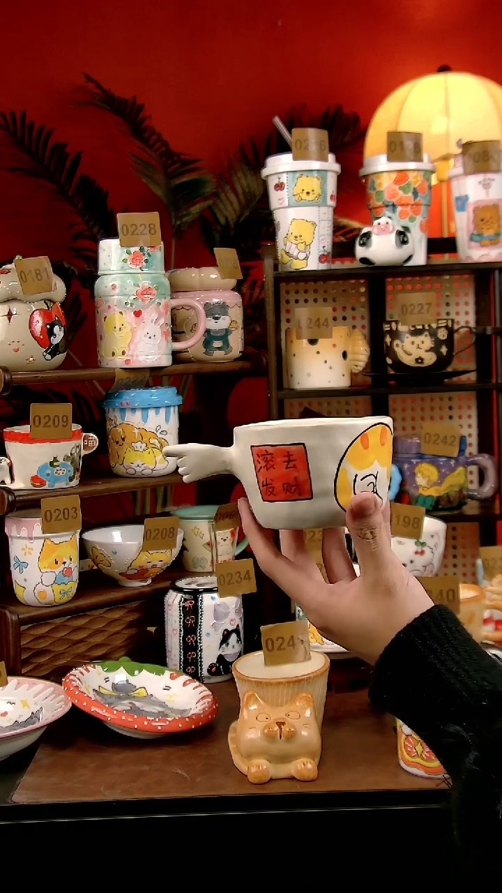 其他南*景德镇陶瓷手工手绘卡通风发财把手杯
