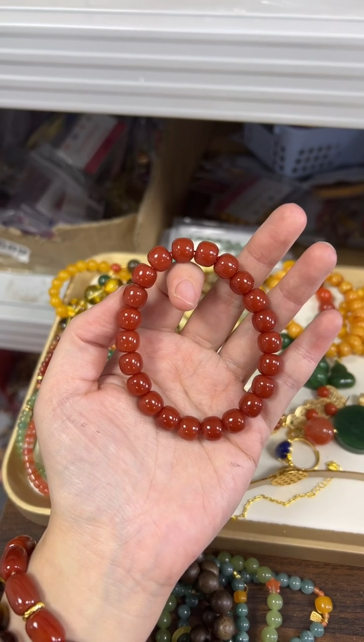 未镶嵌手链玛瑙/玉髓满肉柿子红玛瑙桶珠手持[37]