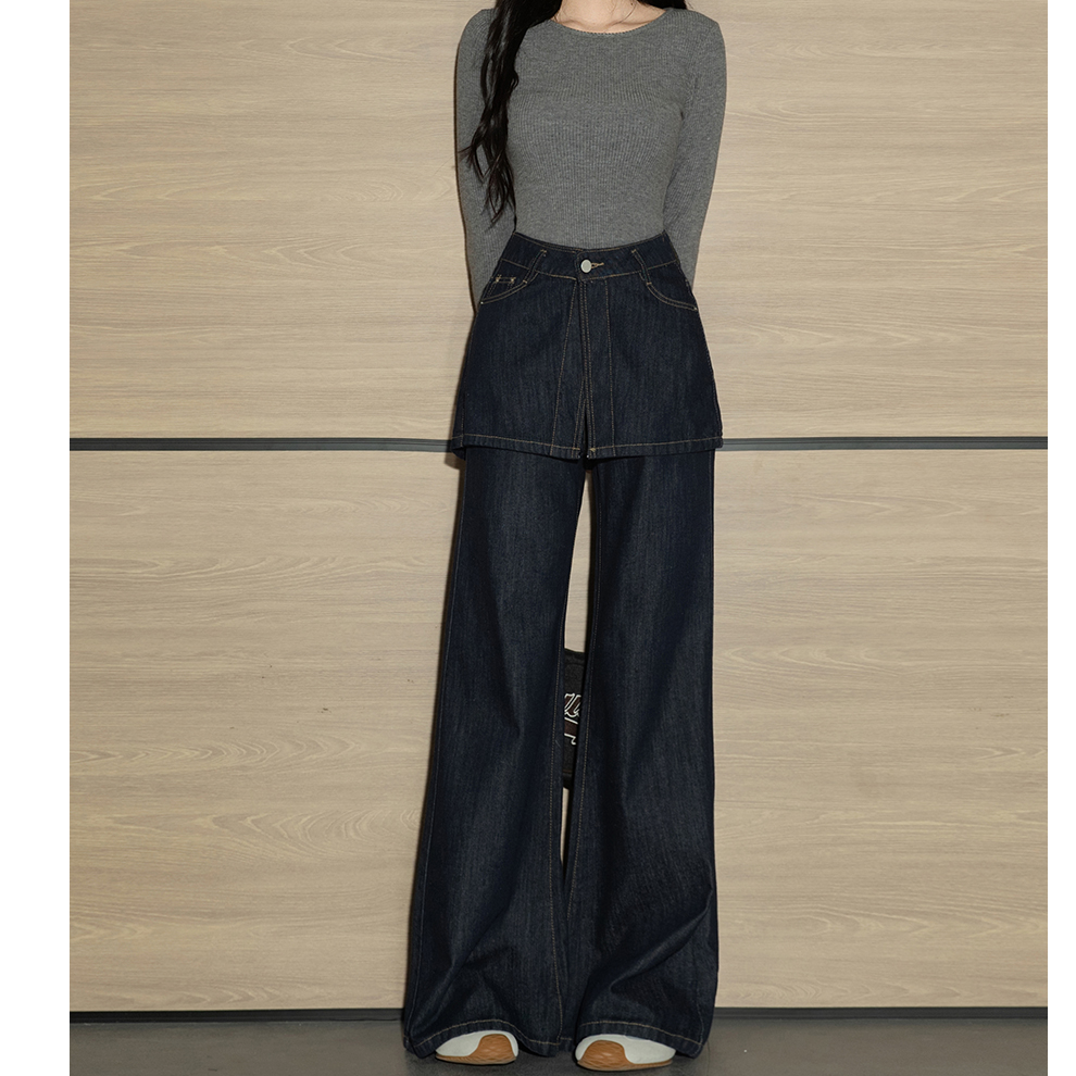 假两件叠穿设计感微喇牛仔裤女早秋新款高腰修身显瘦辣妹时尚裤子
