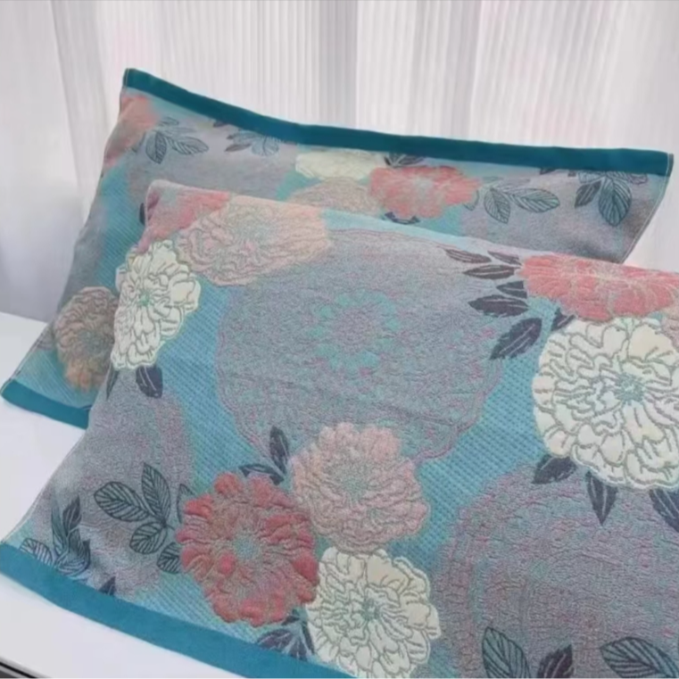 纯棉纱布柔软枕巾——花开富贵枕头巾