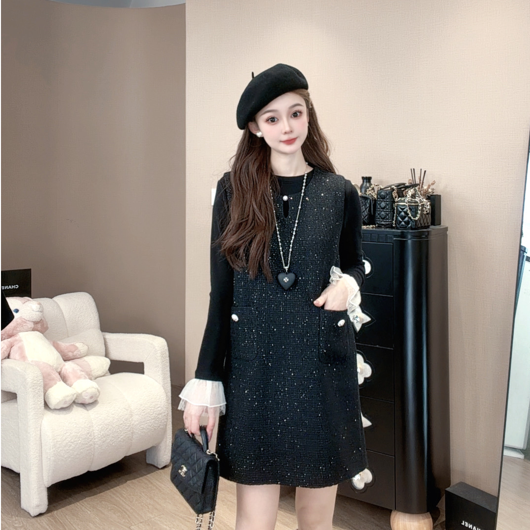 套头款高腰无袖法式A字小香风秋冬气质连衣裙K1008