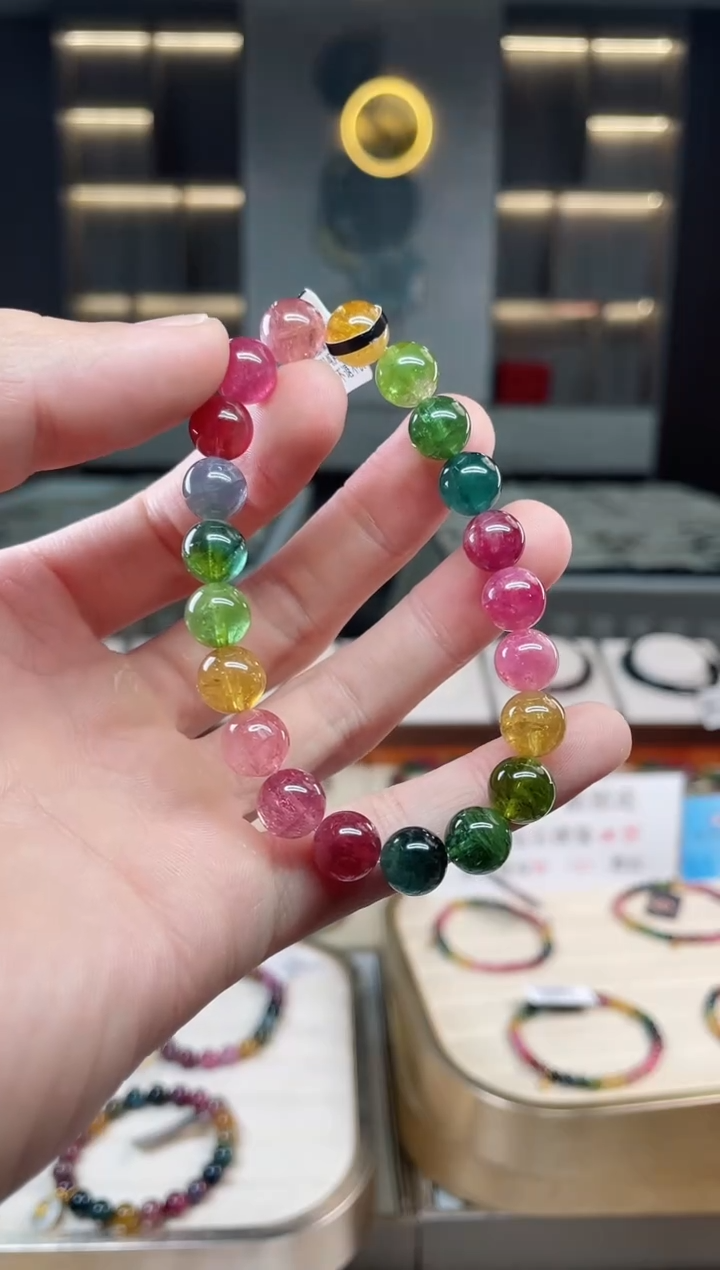 未镶嵌冰透体老矿碧玺彩虹单圈手串9mm+碧玺多样性发一条xion