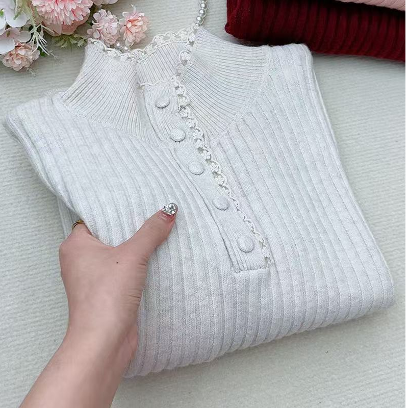 2024韩系新款秋冬竖条花边时尚针织衫百搭气质显瘦上衣Q26