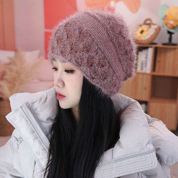 新款冬季时尚包头帽双层保暖韩版女百搭毛线帽镂空钩花针织帽