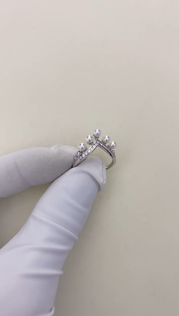 银S925镶嵌戒指海水珍珠Akoya 五珠皇冠戒指 3.5-4mm