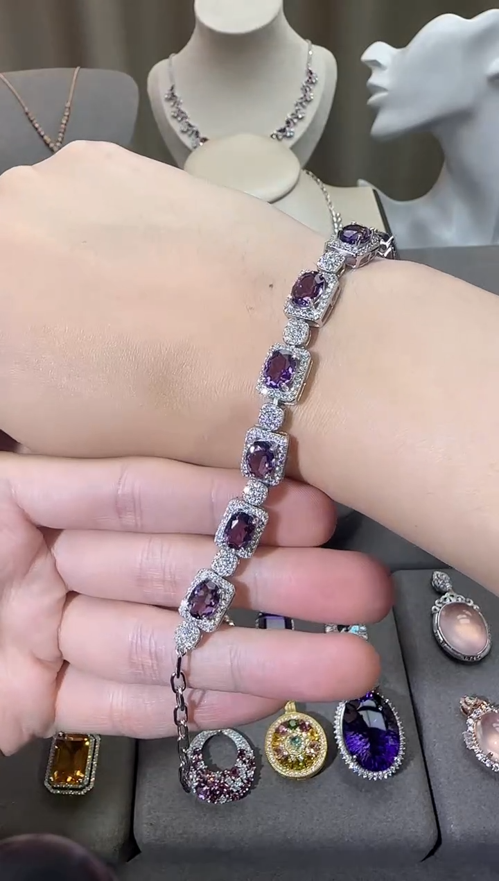 银S925镶嵌手链紫晶9*7mm手链高级款