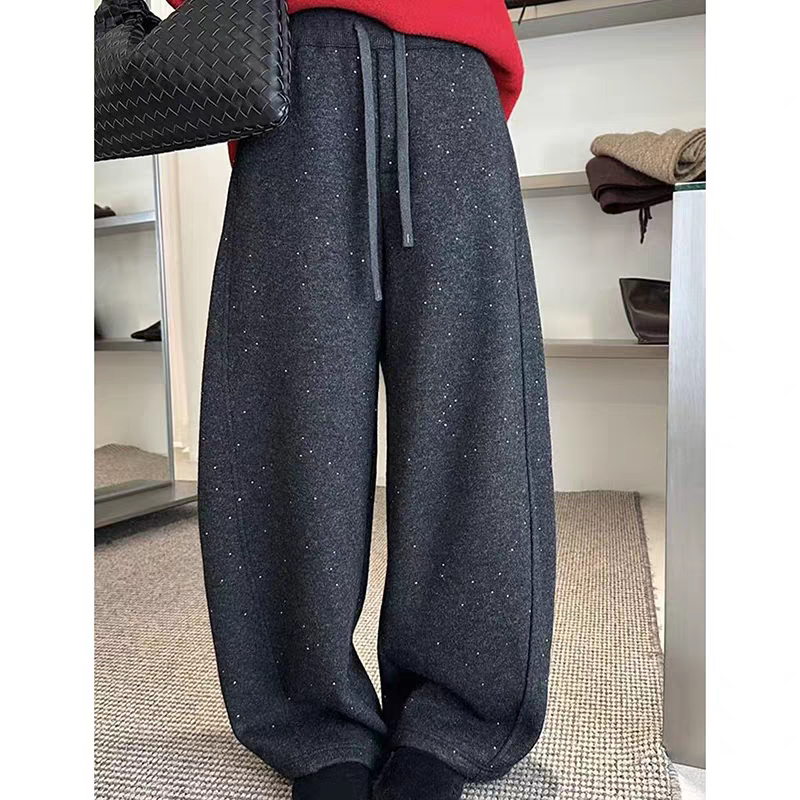 冬季加绒宽松亮闪阔腿裤女休闲弯刀裤子25201
