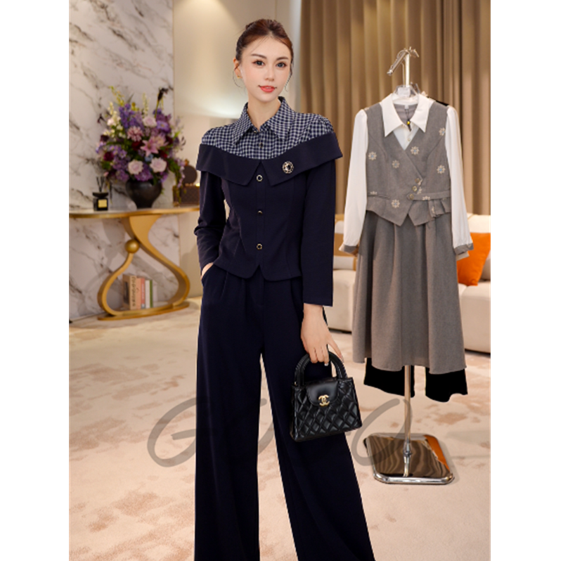 G9159新款2025秋季洋气显瘦假两件格子上衣阔腿裤休闲两件套装女