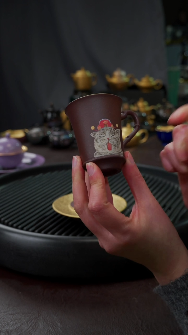 【闪购商品】杯【宜景窑紫砂鎏金】手绘猫猫杯子
