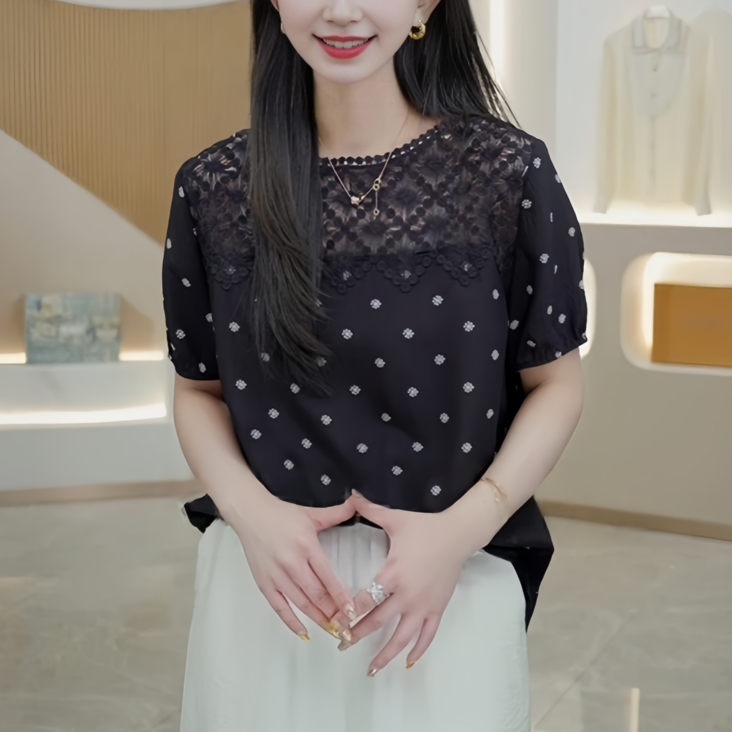 蕾丝印花短袖女士恤夏季大码胖时尚减龄宽松百搭流行上衣