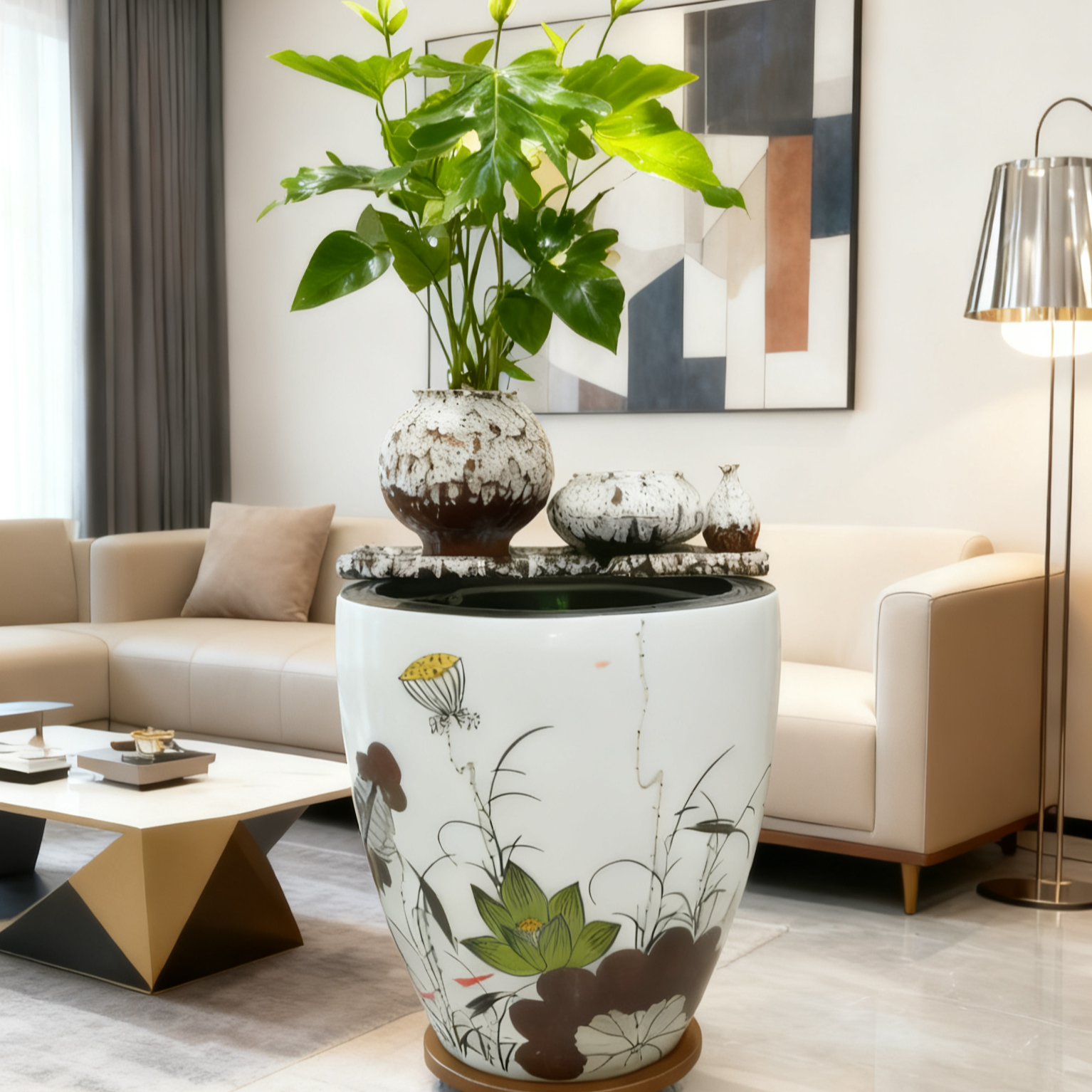 古法生态鱼缸63×65过滤流水造景客厅办公室阳台庭院茶空间摆件