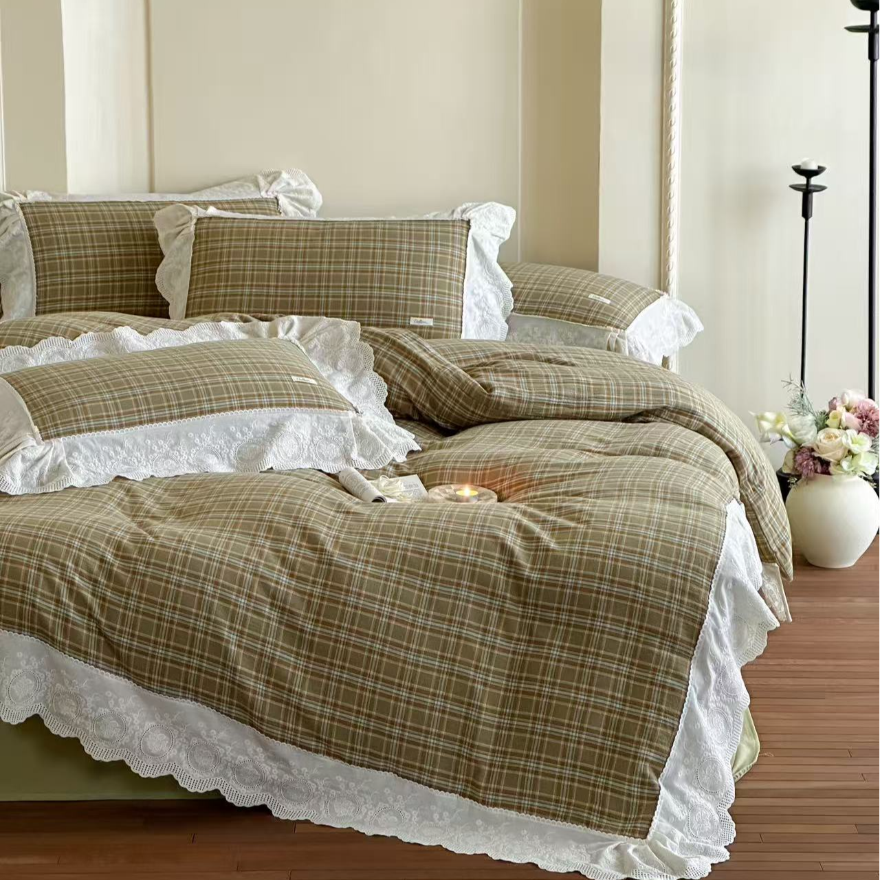 全棉色织双层纱大花边四件套-潘多拉