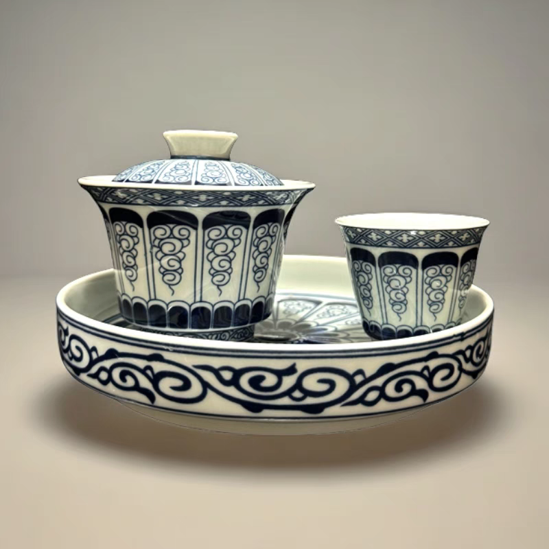 青花悬停三才盖碗茶杯单个高档带盖家用景德镇功夫泡茶-播105