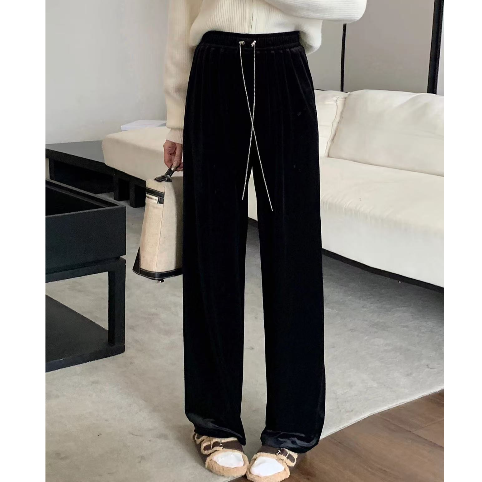 3722（丹姐家）大码丝绒阔腿裤秋季松紧腰休闲裤胖MM显瘦拖地长裤子