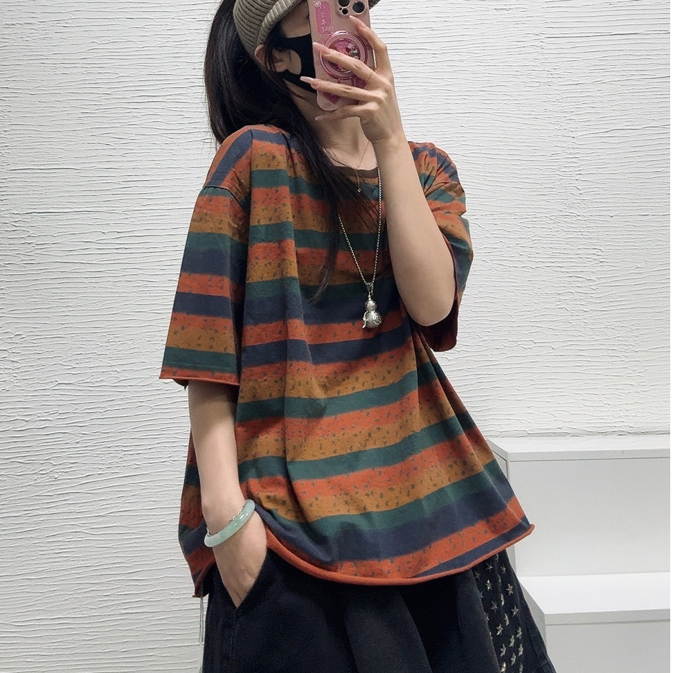 青禾-休闲百搭彩色条纹芝麻点点炒色洋气纯棉短袖T恤MHT6280