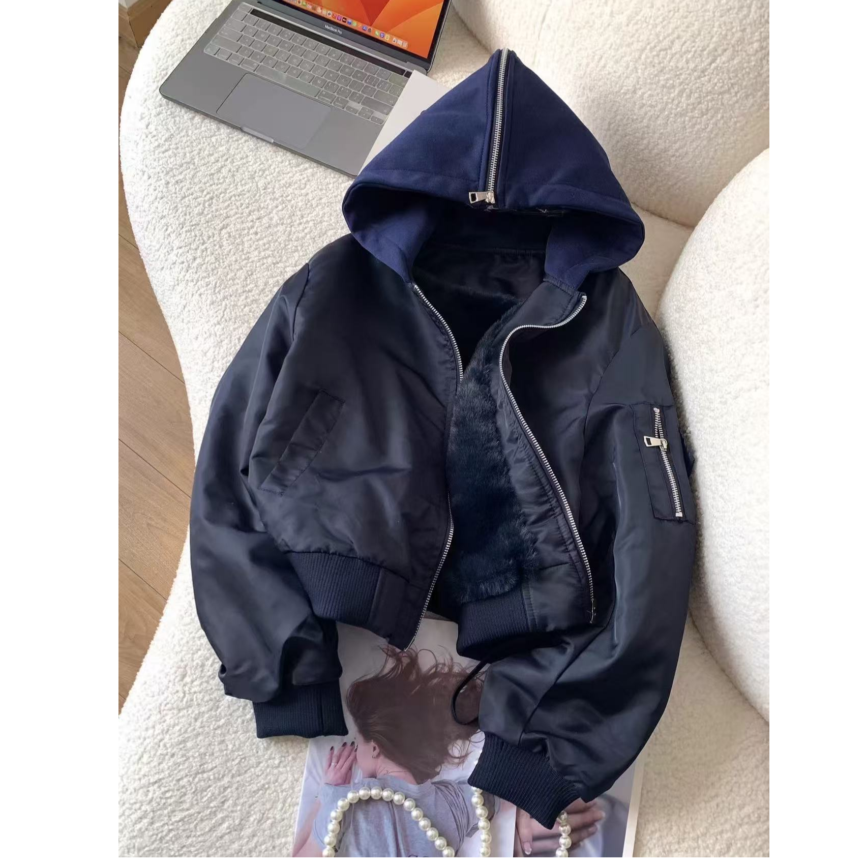 D1536冬季新款时尚拉链设计加绒休闲连帽工装外套