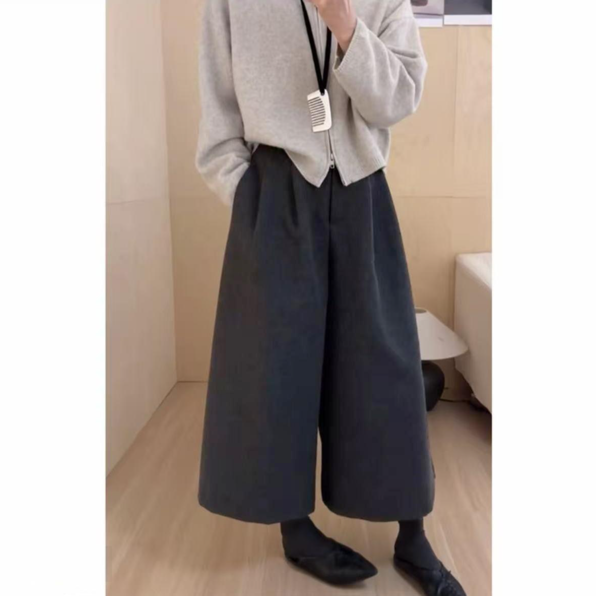 【加厚】2025新款阔腿八分裤厚款慵懒风拼接休闲裤女装秋季裤子显瘦