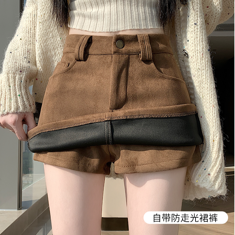 御姐风辣妹美拉德咖色麂皮绒半身裙裤秋冬2025新款外穿高腰短裤裙
