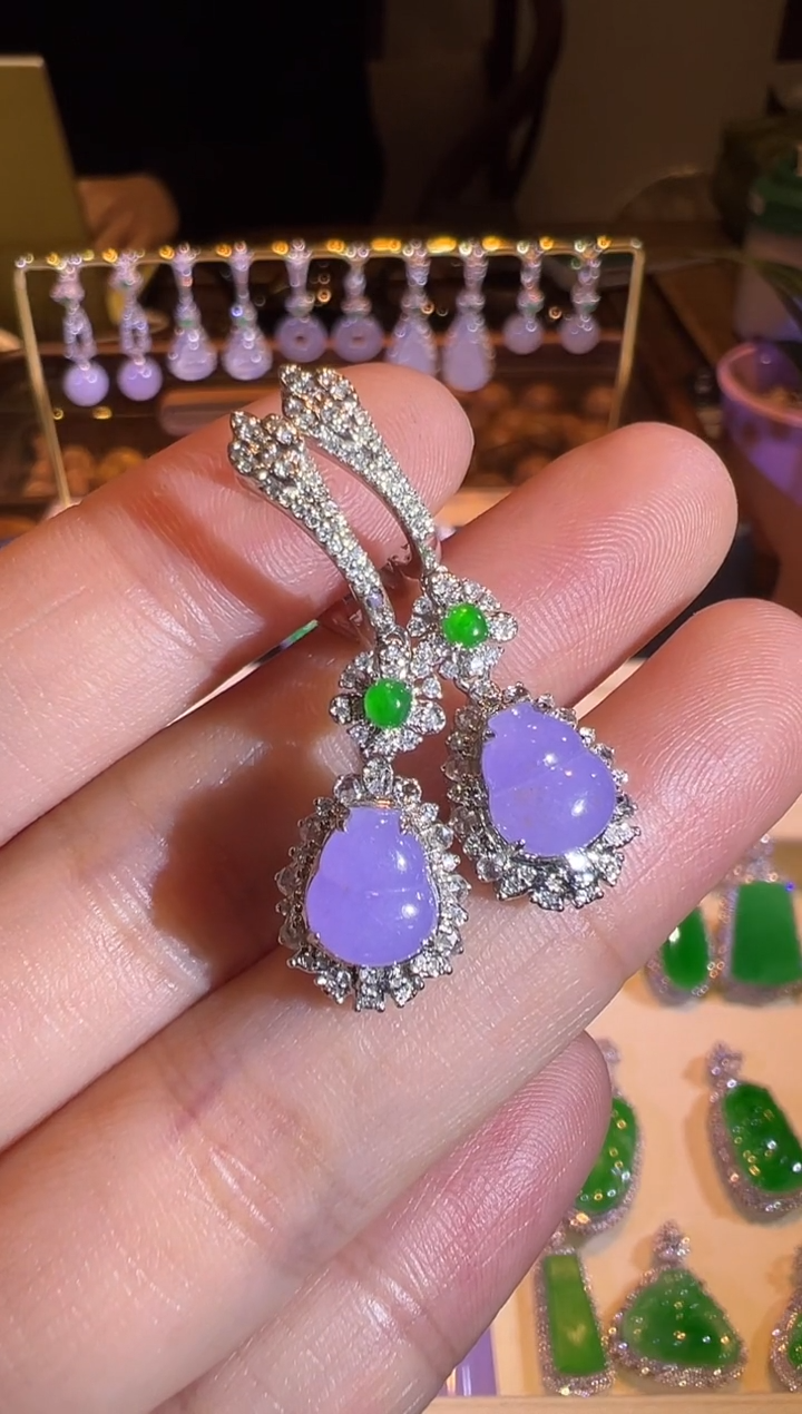 【闪购商品】翡翠耳饰18K金镶嵌高冰粉紫紫罗兰葫芦耳坠