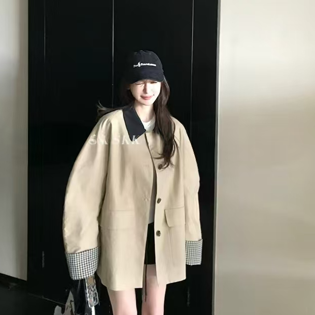 高智巴恩风 卡其色风衣撞色格纹拼接短款宽松外套女秋