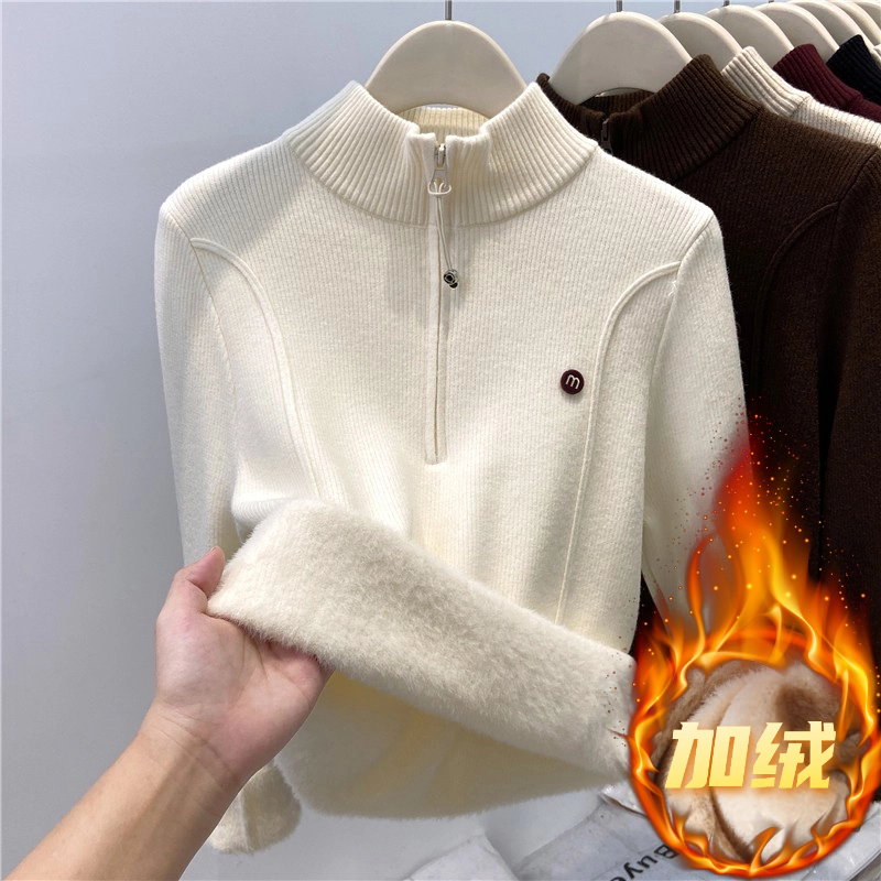 女羊毛针织衫女士加绒毛衣修身秋冬上衣保暖半高领