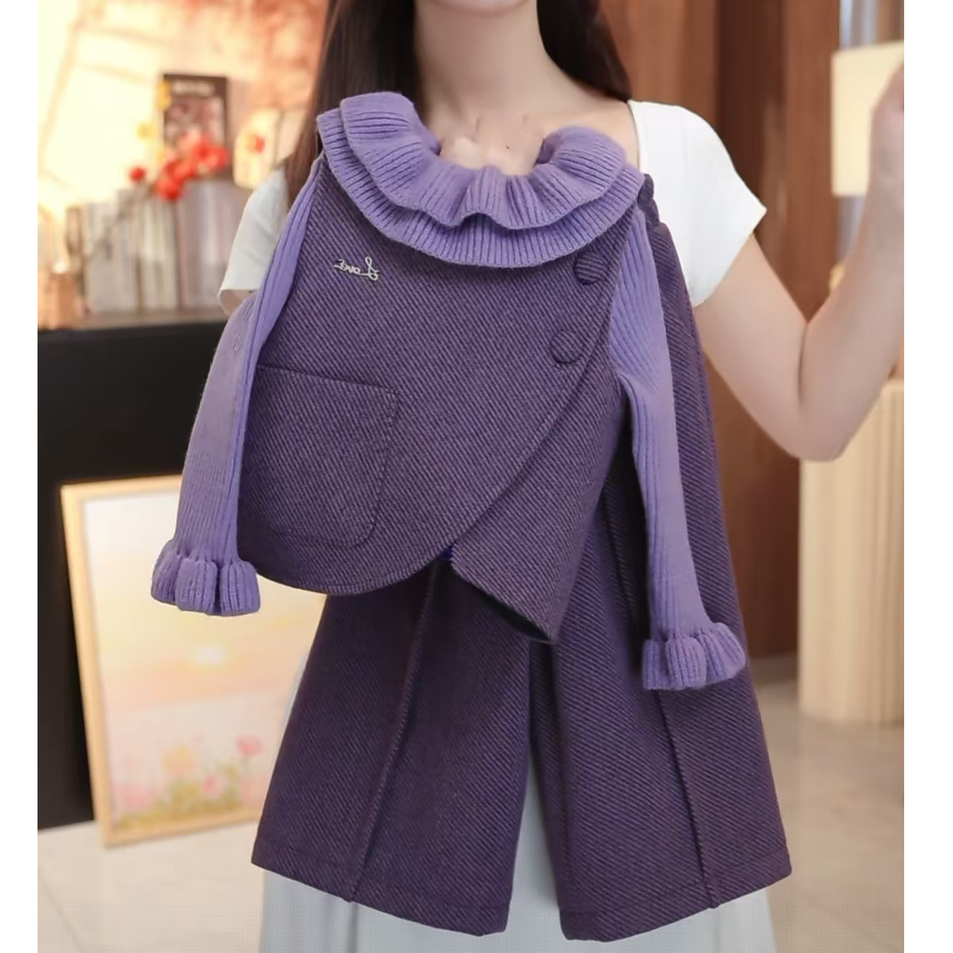 Y4【悦禾】儿童萌娃冬装阔腿裤秋冬款女童加厚洋气长裤套装6585