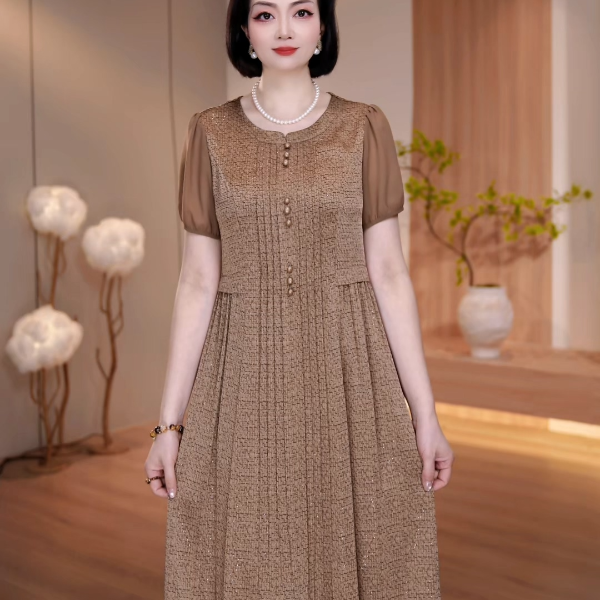 夏款中年妈妈装时尚气质连衣裙琉璃珠光缎减龄遮肉显瘦洋气宽松