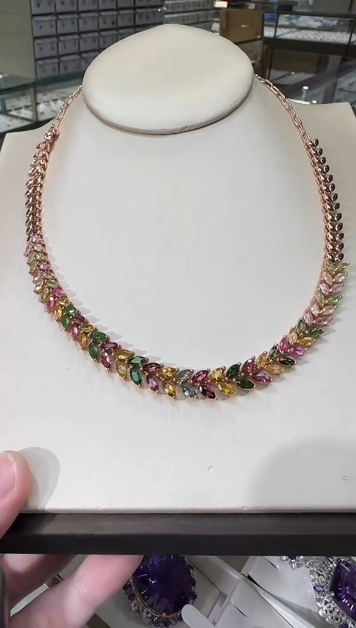 颈饰银S925镶嵌碧玺麦穗套链