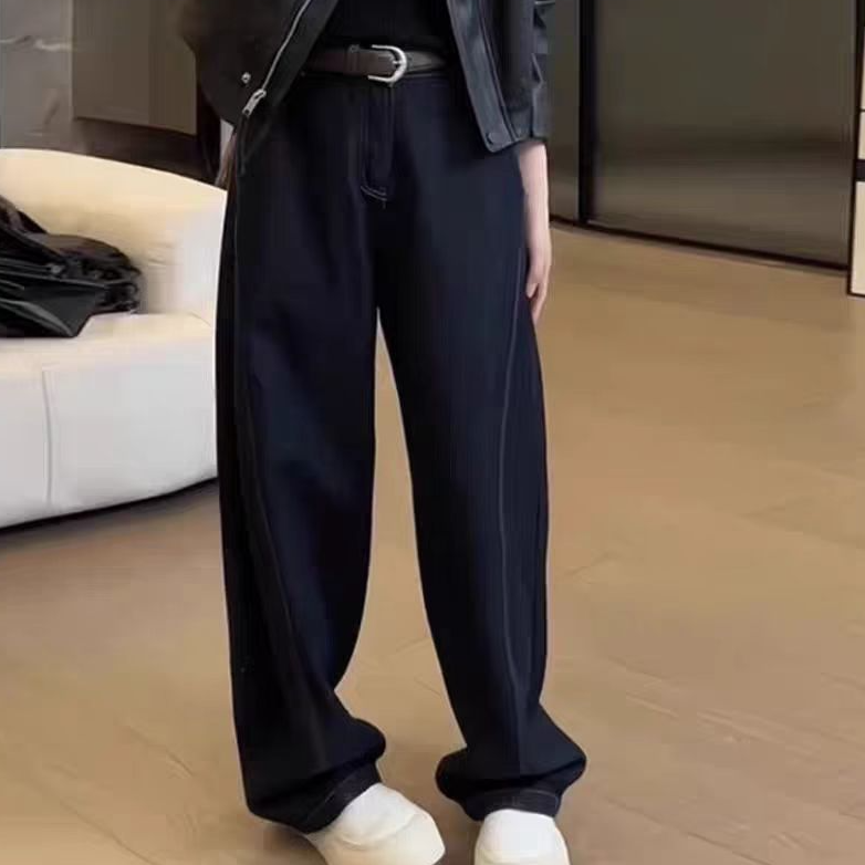 绒贝斯8276阔腿牛仔裤2025春秋女宽松显瘦拖地弯刀裤