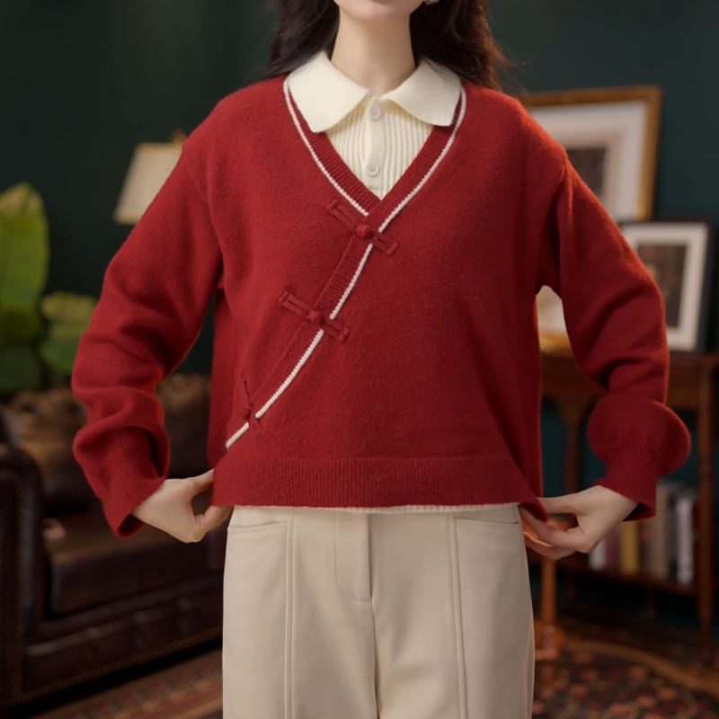 【抹茶森林】2025新款港风假两件盘扣休闲秋冬针织上衣LK2501206