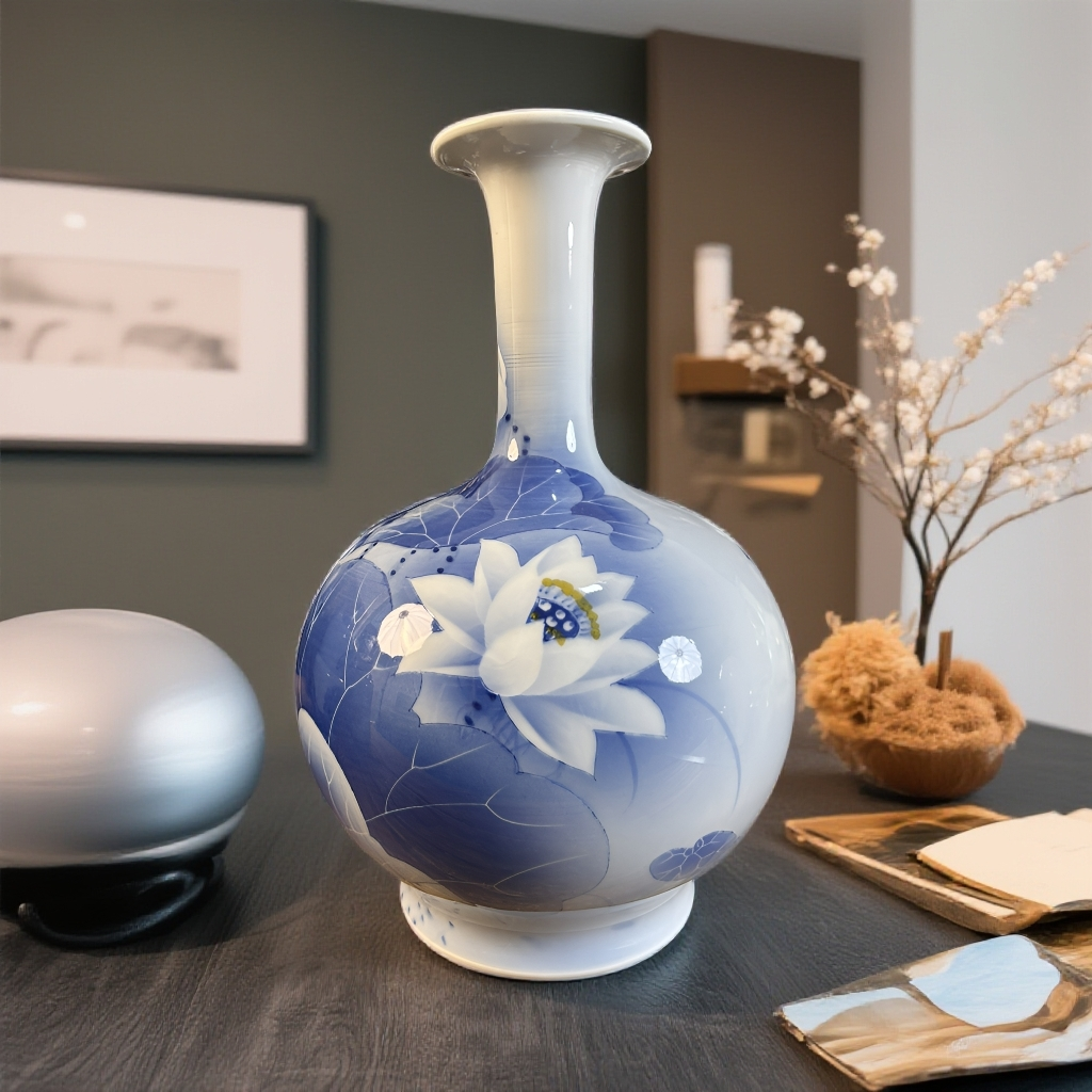 景德镇手绘荷花陶瓷赏瓶新中式简约风格客厅玄关酒柜茶室装饰品
