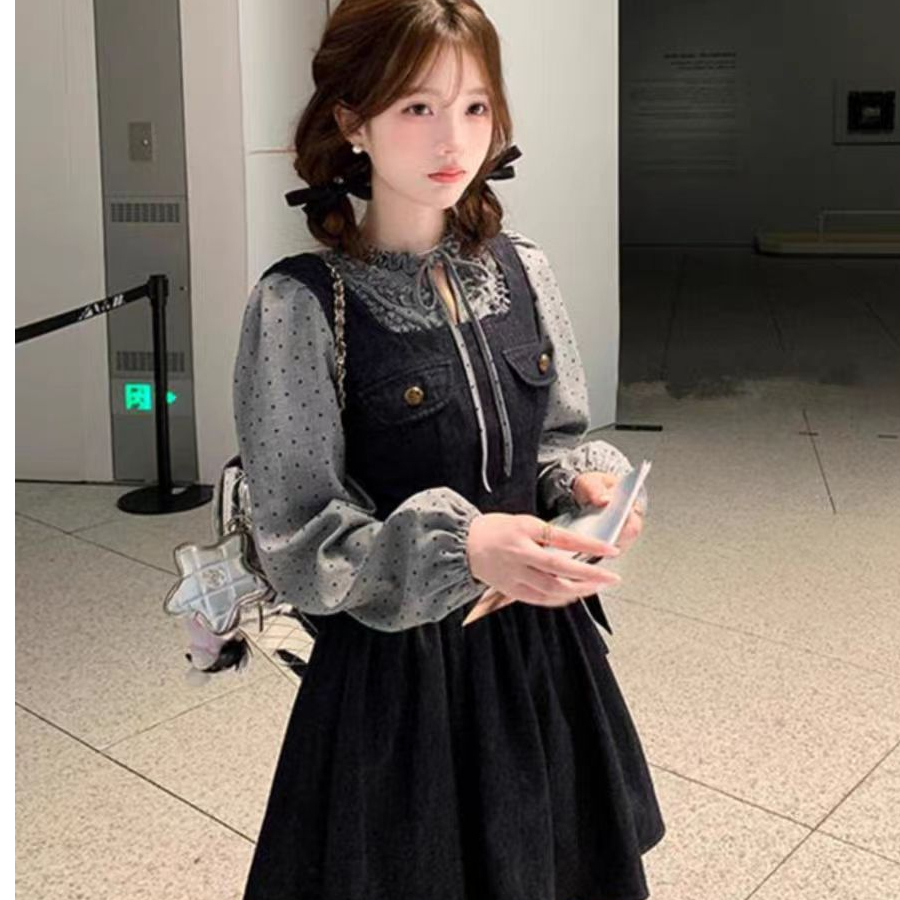 甜美牛仔套装波点花边系带衬衫复古水洗牛仔背心裙两件套1258