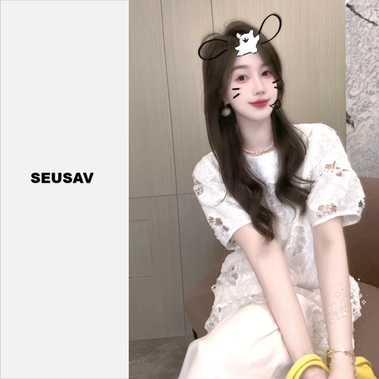 【笙箫家】重工刺绣镂空拼接棉麻下摆连衣裙显瘦遮肉透气夏季新款