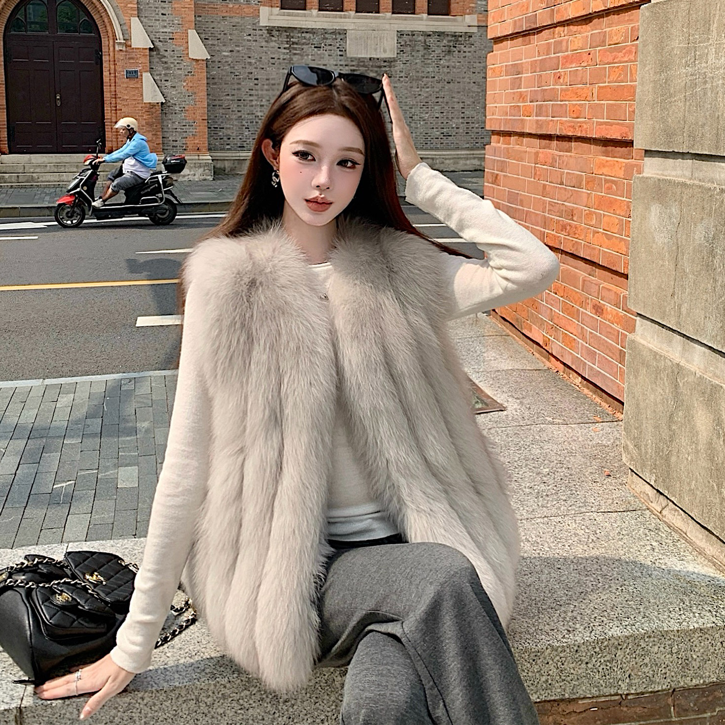 BOBO"欧尼马甲"整皮背毛竖开条狐狸毛皮草女毛毛马甲2025新款显瘦