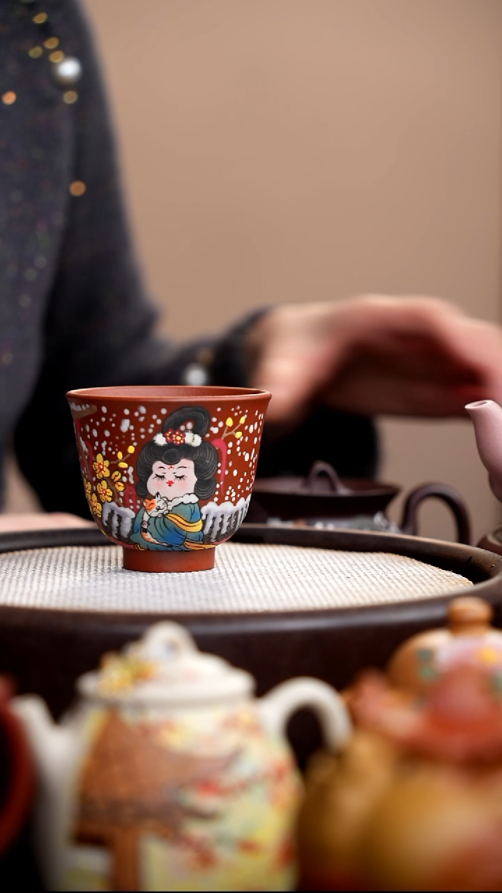 茶壶紫砂朱泥铃铛杯唐美人雪景