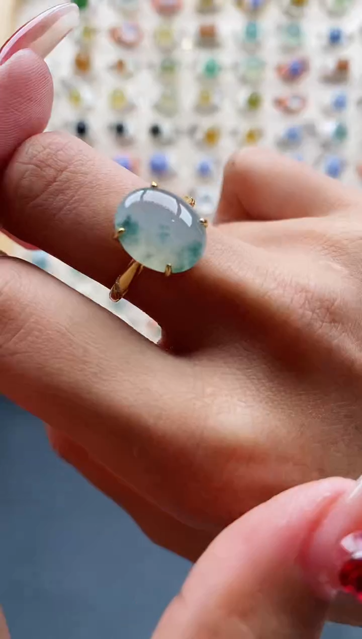 【闪购商品】翡翠戒指银S925镶嵌缅甸天然A货翡翠444 5+7