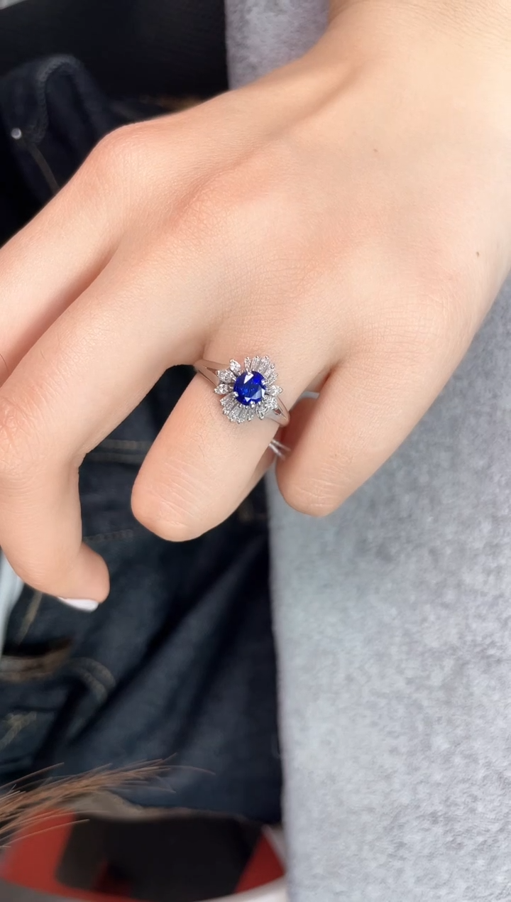 蓝宝石戒指铂Pt850镶嵌戒指 14圈口