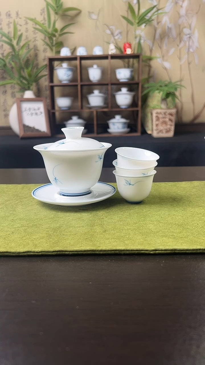 玉兰盖碗+壶承+3客杯