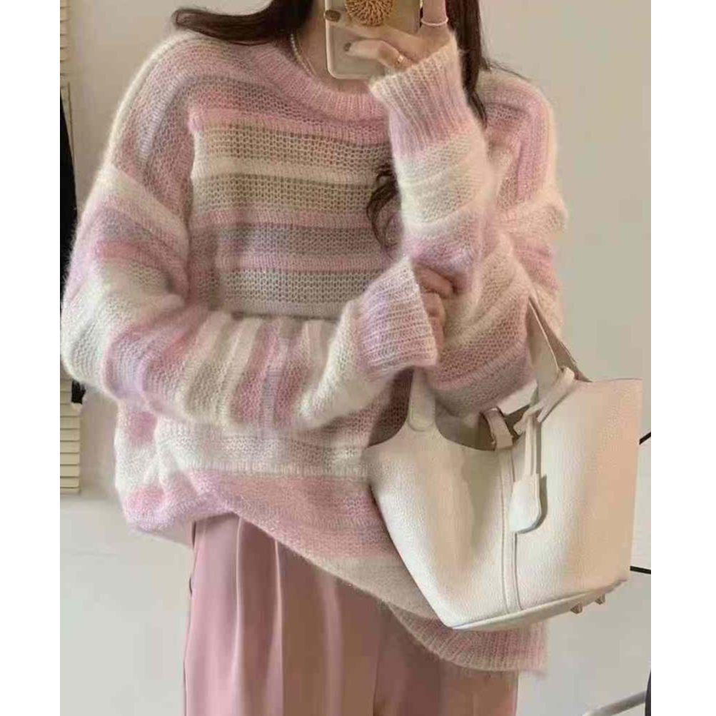 甜美风渐变色条纹长袖针织衫女早秋减龄宽松显瘦套头上衣