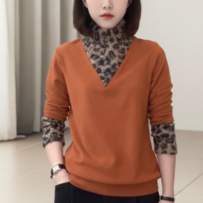 拼接打底上衣秋季长袖时尚百搭常规款宽松豹纹1801