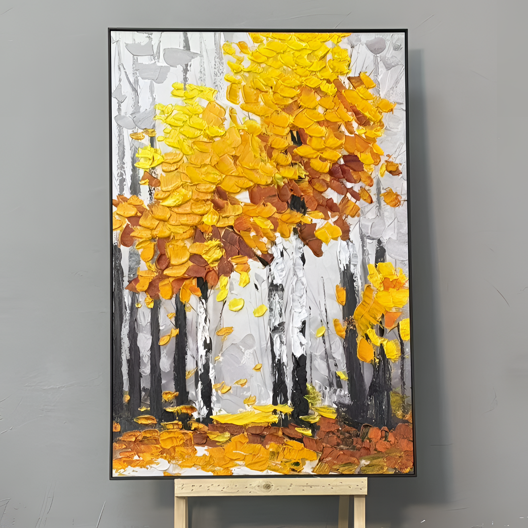 手工油画奶油风砂岩玄关肌理画客厅意式银杏装饰挂画80120