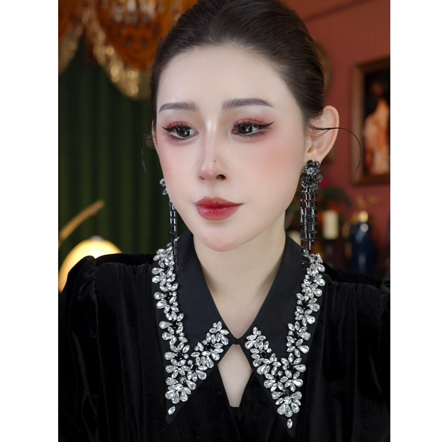 法式重工满钻碎花闪络水钻时尚百搭气质尖领女士假领子AZ881